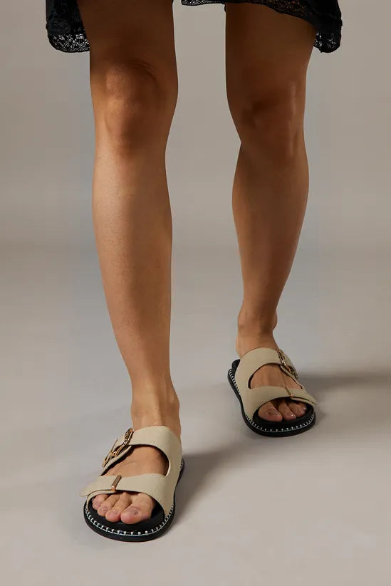 Gianne Faux Leather Double Buckle Footbed Sliders