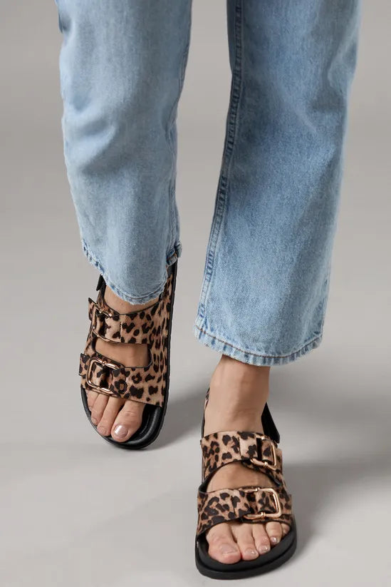 Reid Faux Leopard Print Suede Double Buckle Slingback Footbed Sandals
