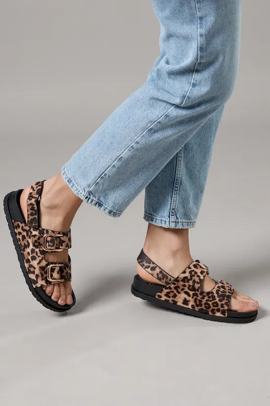 Reid Faux Leopard Print Suede Double Buckle Slingback Footbed Sandals